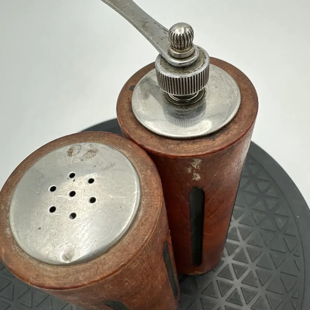 Vintage Mid-Century Modern Wood Cylinder Teak Salt & Pepper Grinder Shaker Set
